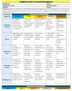 rubrica para evaluar preescolar