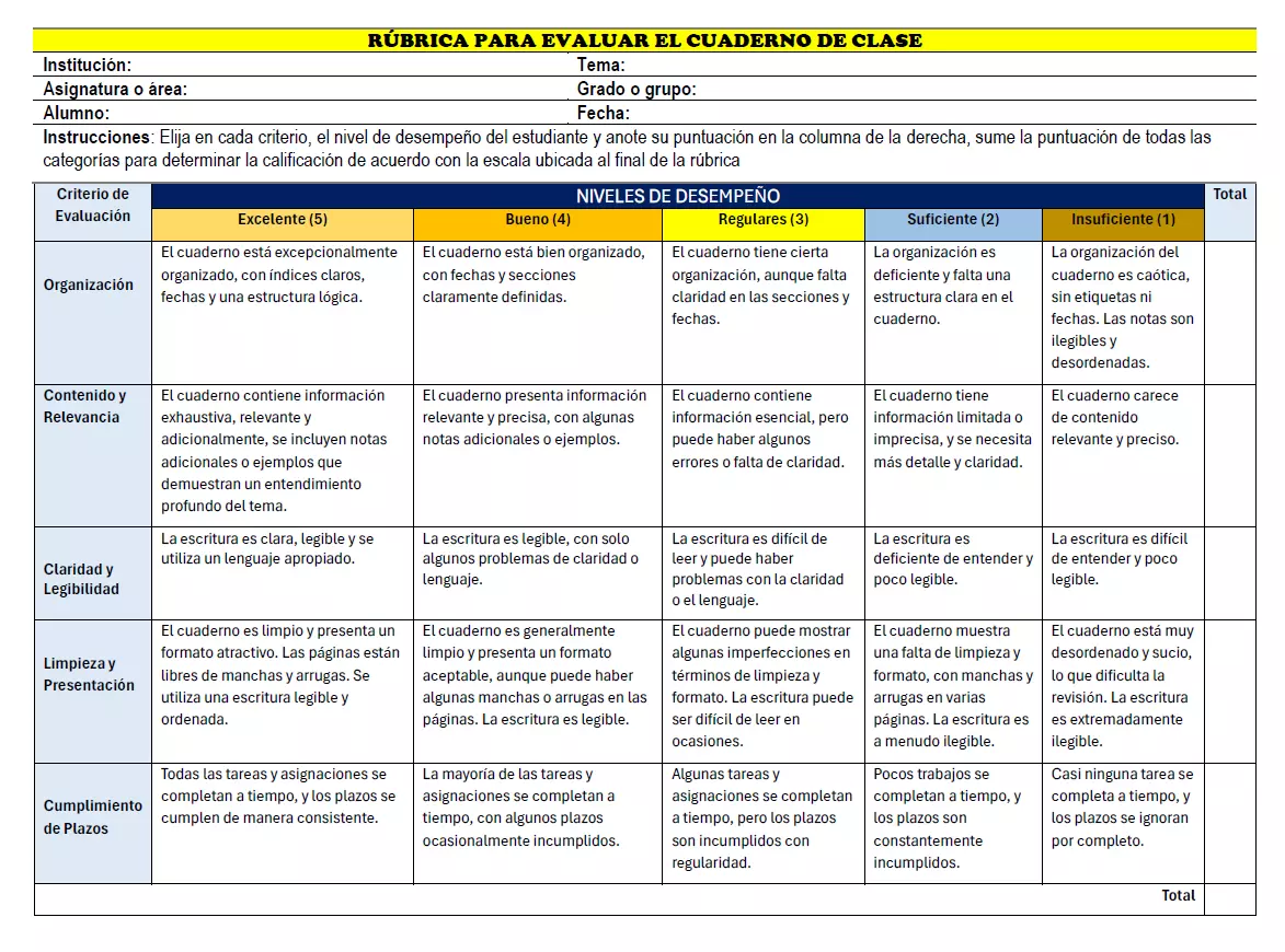 rúbrica para evaluar el cuaderno de clase