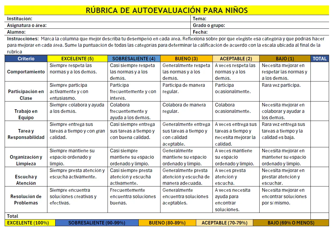 rúbrica de autoevaluación para niños